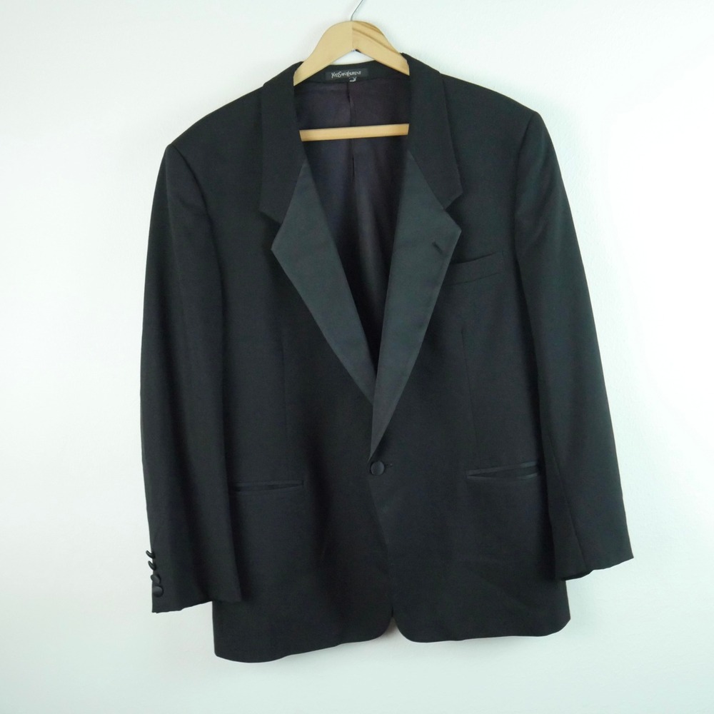 Yves‎ Saint Laurent Mens Vintage Tuxedo Blazer Black Satin Peak Lapel 46S Jacket